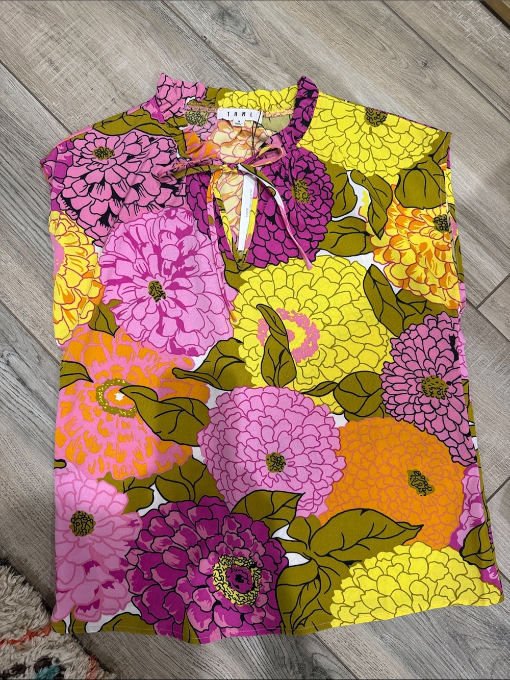 THML Pink, Yellow & Orange Floral Tie-Neck Sleeveless Top